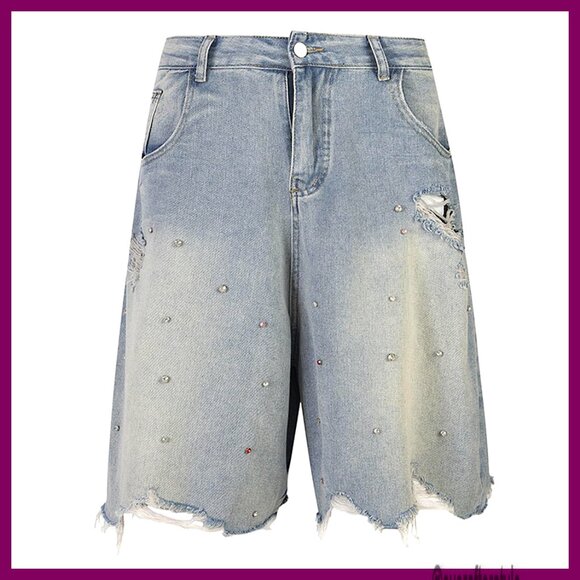 Wide Leg Denim Shorts Rhinestone Ripped Distressed Y2K Grunge Streetwear